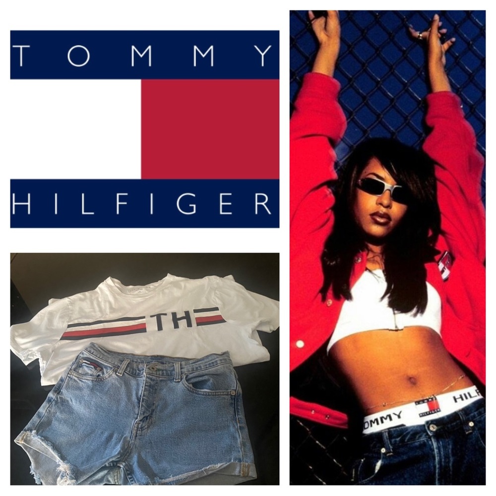 Tommy Hilfiger distressed cut-off shorts and adult t-shirt